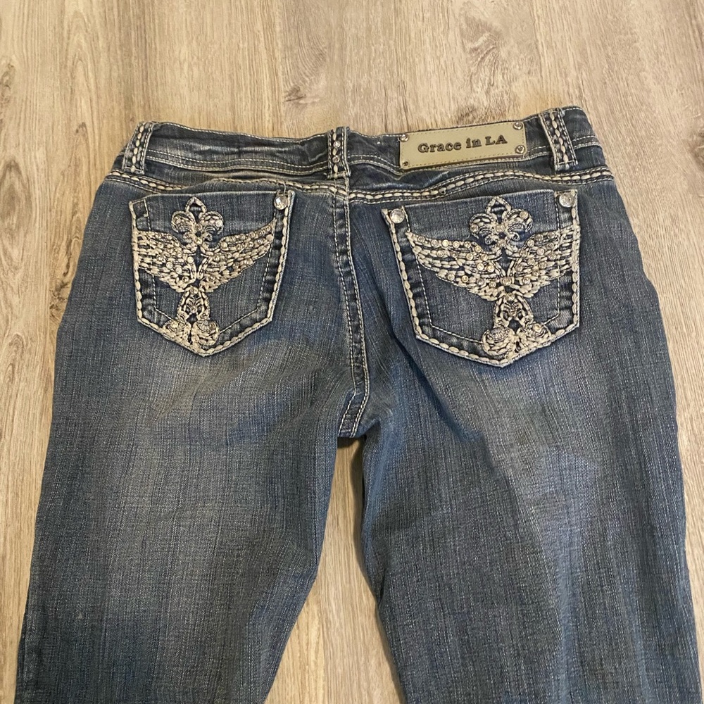 grace in la low rise rhinestone embellished straight leg cross jeans y2kvintage